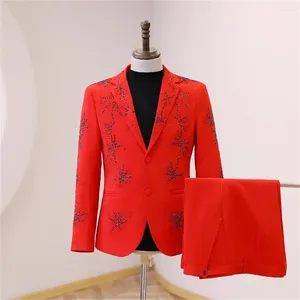 Men's Suits Male Red Brilliant Brick Casual Suit Set Banquet Guest Host Senior Dress Stage