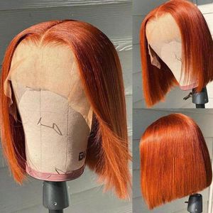 ジンジャーオレンジショートボブストレートレースフロントショルダーレング女性のための合成熱繊維髪の前