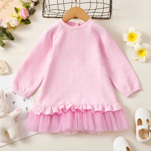 Girls Dresses 16 Years Children Girl Embossed Hearts Autumn Winter Long Sleeve Dress Pink Patchwork Mesh Princess Birthday Party Outfit 231124