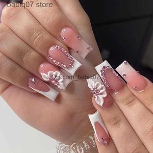 Ложные ногти средняя длина взрывоопасные блеск розовые бриллианты сладкие цветы в броне простые французские чистые желание белая девушка поддельные ногти ногти T230425