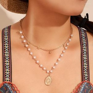 Pendant Necklaces HuaTang Bell Portrait Pearl Beaded Choker Boho Necklace For Women Metal Chain Multi-Layer Jewelery 8027