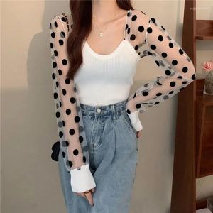 Women's Tanks Design Sense Niche French Polka Dot Bubble Sleeve Mesh Stitching Long Sleeved Knitted Top For Women's Trend