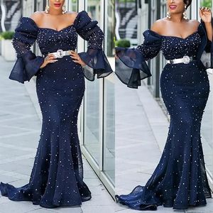 Navy Blue Evening Dresses Off Shoulder V-Neck Mermaid Prom Gowns Beaded Evening Birthday Party Second Reception Dresses African Nigeria Dress Engagement Gown ST296