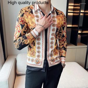 Męskie koszule 2023 Luksusowe Paisley Gold Printed Shirt Royal Club Ubranie Koreańskie długie rękawie Slim Tuxedo