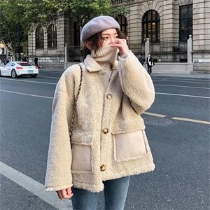 Kvinnorjackor Autumn Winter Coats Khaki Jacket för kvinnor fast färg ull lös päls lammrock singel bröstficka långärmad koreansk