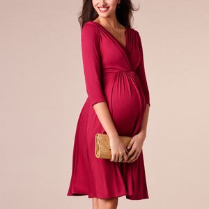 Maternity Dresses Women Dress Elegant Pregnant Women's VNeck Solid Ladies Mid Sleeve Nursing Clothes Breastfeeding Vestidos Autum 230425