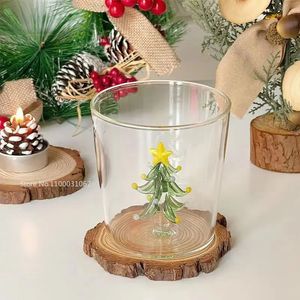 Mugs Cute Creative Hand Blown Glass Cup with Beautiful 3D Christmas Tree Rose Durable Glass Mug Creative Wine Glasses Ideal Gift 231124