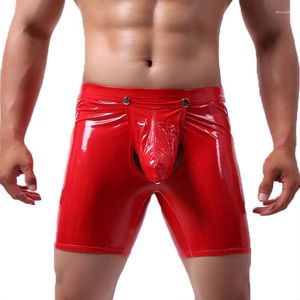 Mutande Sexy Uomo Boxer Shorts Lingerie Button Cavallo aperto Mutandine Latex Shiny Clubwear PU Leather Boxer lunghi Gay Trunks Plus Size