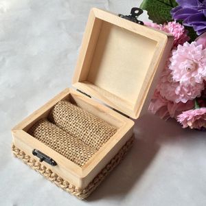 Bolsas de jóias eu faço trigo design quadrado anel de madeira caixa presente rústico chique casamento noivado trinket