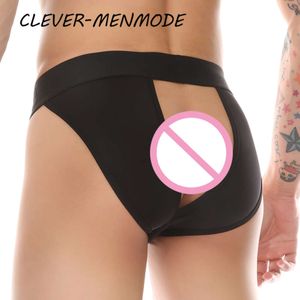 Men's Sexy Open Crotch Sheer Briefs Ice Silk Breathable T Back Underwear Jockstrap Rear Empty Panties Men Bikini