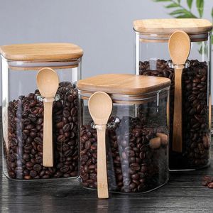 Storage Bottles Glass Jar With Wooden Spoon Sealed Lid Wood Airtight Canister Food Container Transparent