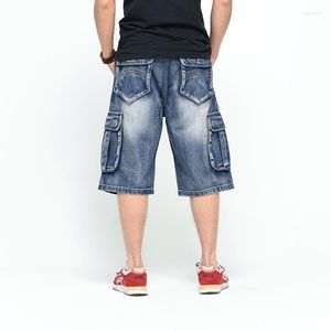 Mäns jeans herrar plus size lossa baggy denim korta män mode streetwear hip hop lång 3/4 capri last shorts ficka bermuda manlig blå