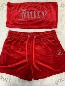 Calças femininas de duas peças Juicy Apple Velvet Sexy com broca Fashion Tube Crop Top Casual Shorts com cordão conjunto solto verão roupas suculentas agasalho 5 KS06