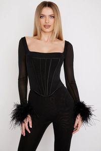 Women's Two Piece Pants Square Neck Bustier Corset Top Faux Fur Y2K Fairy Basic Summer Tee ShirtWomen's Feather Trim Long Sleeve Crop