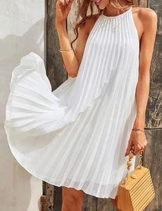 Vestidos casuais branco/preto chiffon plissado mini vestido sem mangas festa praia verão curto feminino elegante vestidos feminino 2023