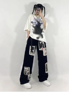 Jeans Houzhou Grunge Punk Patchwork Black Jeans Women Hip Hop Streetwear Print Overized Wide Leg Trousers 90s Vintage Fashion Pants