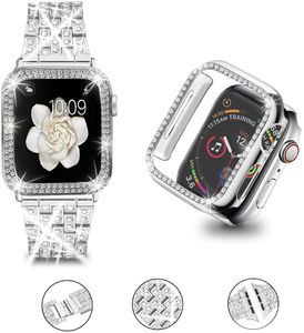 Tiras de relógio de diamante de metal de luxo para bandas de relógio Apple 49mm 45mm 38mm 40mm 42mm 44mm Mulheres Bling Slim Glitter Iwatch Series Ultra 8 7 6 5 4 3 SE com capa de telefone bling