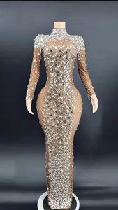 Dresses ZD Big Rhinestones Nude Transparent longth Dress Wedding Party Prom Birthday Celebration Crystals Stage Singer Host Mesh Dress