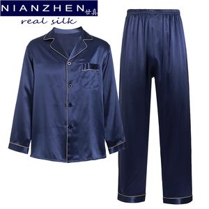 Mäns sömnkläder Nianzhen 100% verklig naturlig siden 19 Momme Pyjamas Set Solid Shirt Long Pants Sleepwear Set Silk Homewear For Men 69002 230425