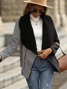 Women's Jackets M Women Autumn Winter Small Suit Houndstooth Colorblock Short Large Fold Over Collar Jacket For Fashion