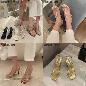 Sandaler sommar Nya guldkvinnor Sandaler Fashion M small Band Ladies Elegant Gladiator Shoes Thin High Heel Dress Pumps 230316