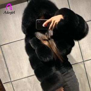 Anzüge Warme Dicke Pelzigen Pelz Frauen Winter Faux Fuchs Pelz Crop Jacke Elegante Mäntel Flauschigen Top Parka Mantel mit kapuze Manteau Plue Größe 6XL