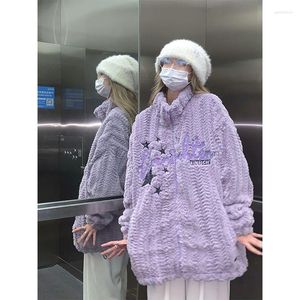 Женские куртки Hikigawa Chic Fashion Women Winter Vintage Satr Faux Lamb Wool Hot Streetwear Письма вышивая свободная повседневная верхняя одежда