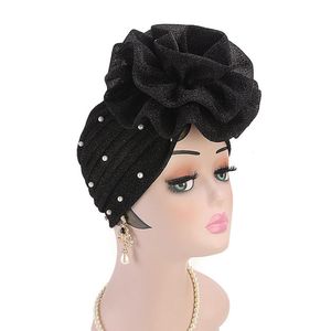 Hijabs Moda Mulheres Cap Muslim Cotton Faux Pearl Decor Big Flower Women Mulheres Muçulmanas Hijab Turbano Capéu de Cabeça Cap 230426