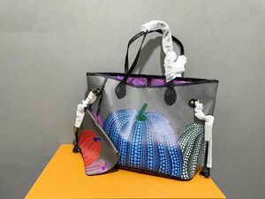 Äkta läder 2-stycken Set Women Handväskor Designer Pumpkin Shopping Bag Tote Wallet Shoulder Yayoi Kusama Crossbody