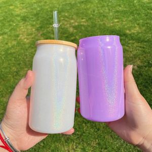 15oz Sublimation Glitter Glass Jar Shimmer Beer Mugs Can Shaped Glass Cups Beer Can Glass Tumbler Drinking Glasses With Bamboo Lid And Reusable Straw