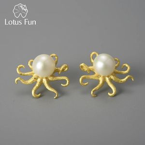 Stud Lotus Fun Creative Octopus Natural Pearl Studörhängen för kvinnor Real 925 Sterling Silver Original Statement Luxury Fine Jewelry 231124