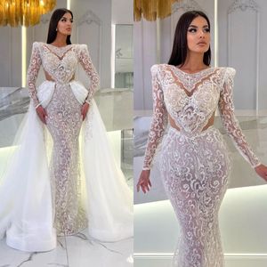 Exquisite Mermaid Wedding Dresses Long Sleeves V Neck Halter Beaded Sequins Appliques Detachable Train Plus Size Bridal Gowns Plus Size Vestido de novia Custom