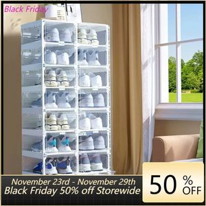 Storage Holders Racks Shoe Organizer Installation Free Box with Doors 2 16 Grid Stackable Transparent Folding Cabinet for Hallway 231124