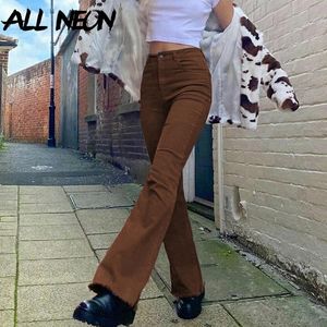 Jeans ALLNeon Indie Aesthetics Slim Brown Flare Jeans Vintage Solid High Waist Moms Pants 90s Fashion Denim Trousers Egirl Outfit