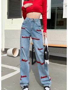 Женские джинсы, весенние американские дизайнерские вышитые прямые брюки, женские нишевые широкие брюки демин, женские с высокой талией Y2k