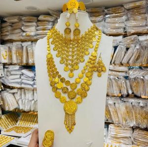 Halsband örhängen set 24k guldpläterad dubai smycken tofs kvinnors armband ring 7 bit brud bröllop festtillbehör YY1012