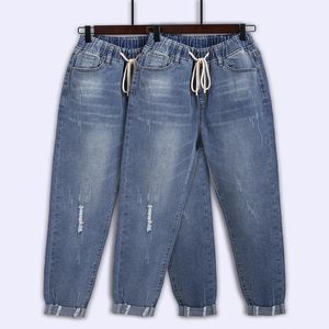 Die Abschnitte zerrissene Jeans für Frauen hohe Taille Plus -Size -Kordelstring Lose Denim Harem Hosen Femme 5xl 6xl 7xl 130 kg