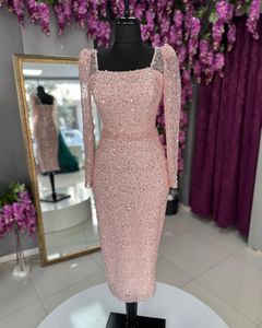 Pink Sequined Mother Of The Bride Dresses Long Sleeve Beaded Tea Length Prom Gown Evening Vestidos Formal Dress