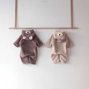 Clothing Sets New Baby Cotton Bear Bodysuit Long Sleeve Plush Hooded Creeper for Boys and Girls