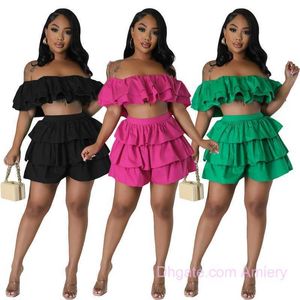 Women Clothing Designer Tracksuit Tops And Shorts Two Piece Set Dresses Slash Neck Top Suit 2023 Summer Ruffle Edge Loose Pull Chain Wrapped Chest 2 Pcs Suits
