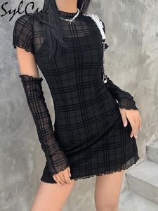 Kleider Sylcue Gefälschte Zwei Stücke Retro Plaid Kreative Slim Fit Sexy Hot Mature Charm Feminine Frauen Kurzes Kleid Mit Ärmeln