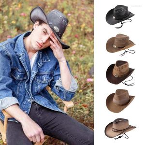 Berets Vintage Cowboy Hat Duże metalowa głowica wół brzegi cosplay faux skórzana akcesorium na letni sunproof kropla