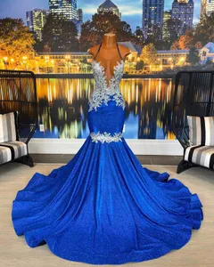 Sparkly Blue Prom Dresses Mermaid 2024 Halter Neck Rhinestone Mermaid Party Gowns African Women Evening Dress Outfit