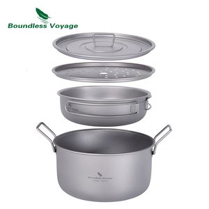 Camp Kitchen Boundless Voyage Multifunctional Steamer Soup Pot Frying Pan Set with Lid Outdoor Camping Saucepan Mess Kit Ti2057C 230425