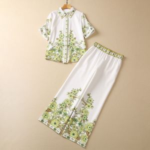2023 Summer White / Black Floral Print Two Piece Pants Sets 1/2 Half Sleeve Lapel Neck Single-Breasted Blouse & Wide Leg Trousers Pants Suits Set S3A050330