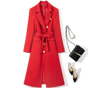 Зима 2023, черная/красная сплошная верхняя одежда с поясом, однобортное длинное пальто с длинными рукавами и зубчатыми лацканами Y3N242387