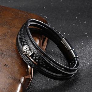 Charme pulseiras multi-camada de couro pulseira masculina na mão estilo punk vintage jóias de aço inoxidável trançado corda cadeia atacado