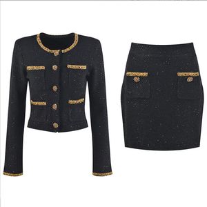 1115 L 2023 Milan Style Осенние брендовые комплекты из двух предметов в одном стиле с круглым вырезом Черные твидовые шорты с цветочным принтом Империя Женская одежда YL