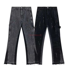 Mens Jeans Fashion Designer Clothing Gallerses Depts Distressed Ripped Motocycle Denim Pants Splashink Stitching Loose Street Style Flare Biker Hip Hop TrouTGMO