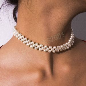 BOHO Doce imitação de pérola redonda colar de colarinho à mão para o casamento de jóias de moda do casamento romântico simples feminino
